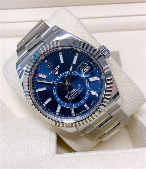 stainless steel sky dweller blue face rolex|rolex sky dweller price uk.